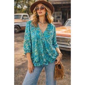Covington Aqua Abstract Blouse Top Women's 16-18W Y2K Retro Bold Print Coastal‎